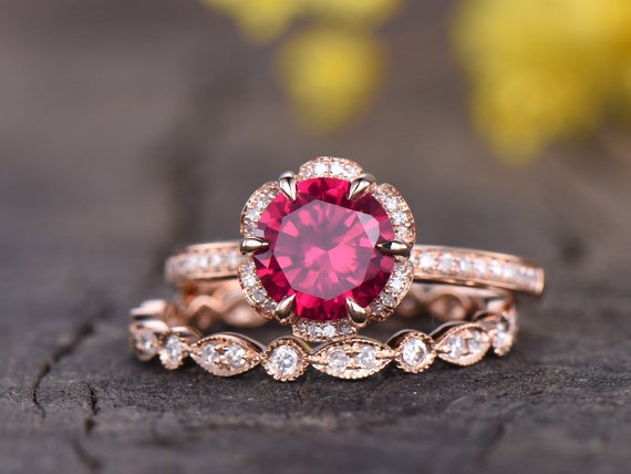 1.5ct Red Ruby Engagement Ring Set 14k Yellow Gold Vintage Ruby Ring Antique Floral Diamond Matching Band Birthstone Ring Anniversary Gifts