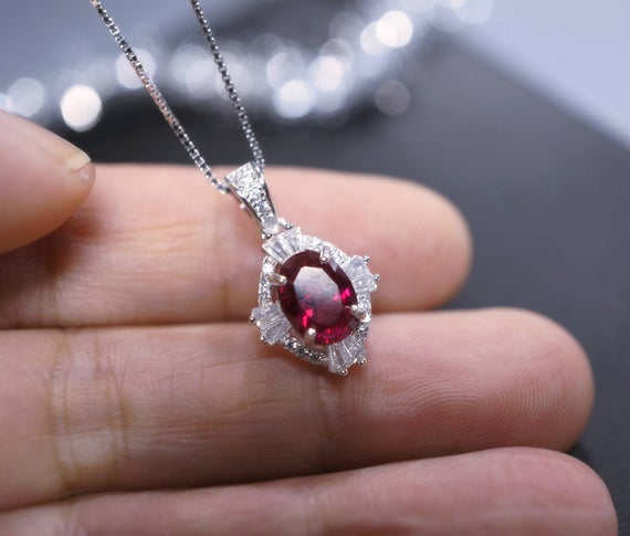 Sterling Silver Red Ruby Necklace, High Quality  Ruby Halo Solitaire July Birthstone Red Gemstone Pendant White Gold Plated #134
