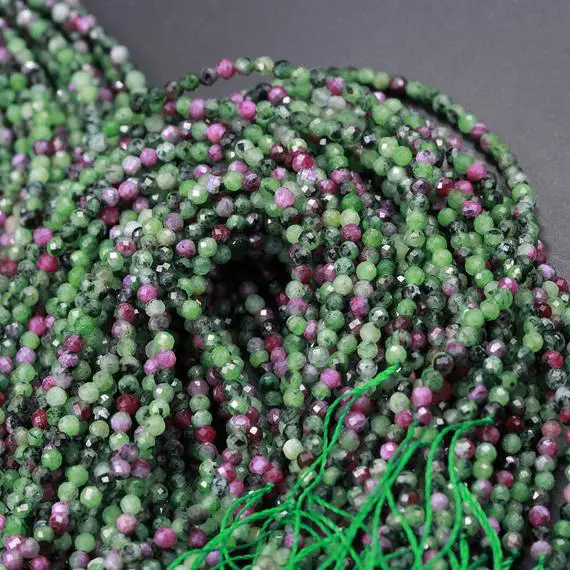 Micro Faceted Small Natural Ruby Zoisite 2mm 3mm 4mm 5mm Faceted Round Beads Laser Diamond Cut Red Ruby Gemstone 15.5" Strand