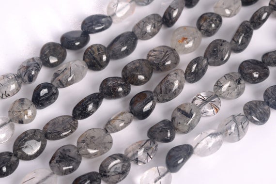 Genuine Natural Black Rutilated Quartz Loose Beads Grade A Pebble Nugget Shape 7-9mm