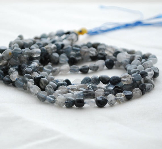 Natural Blue Rutilated Quartz Semi-precious Gemstone Tumbled Stone Nugget Pebble Beads - 5mm - 8mm - 15" Strand