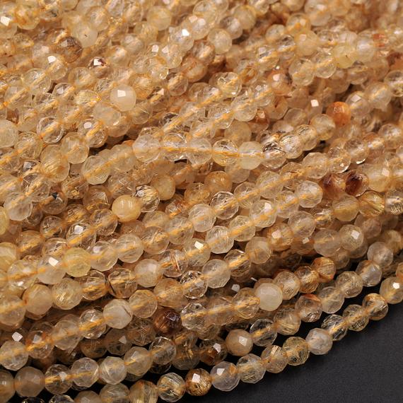 Aa Grade Natural Golden Rutile Quartz 2mm 3mm 4mm 5mm Faceted Round Beads Sharp Golden Rutile Needle Gemstone 15.5" Strand