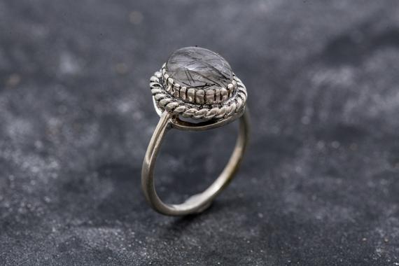 Rutilated Quartz Ring, Black Rutilated Quartz, Natural Quartz Ring, Vintage Rings, Leo Birthstone, Unique Rings, Solid Silver Ring,