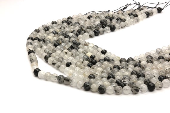 Black Rutilated Quartz Beads,round Beads,natural Stone Beads,gemstone Beads,semiprecious Beads,black & White Beads,quartz Beads - 16" Strand