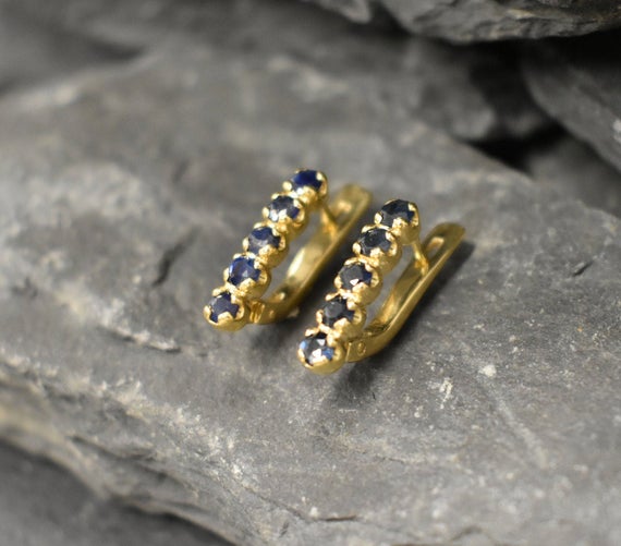 Gold Sapphire Earrings, Natural Sapphire, September Birthstone, Gold Bar Earrings, Vintage Studs, Blue Earrings, Bar Studs, Silver Earrings