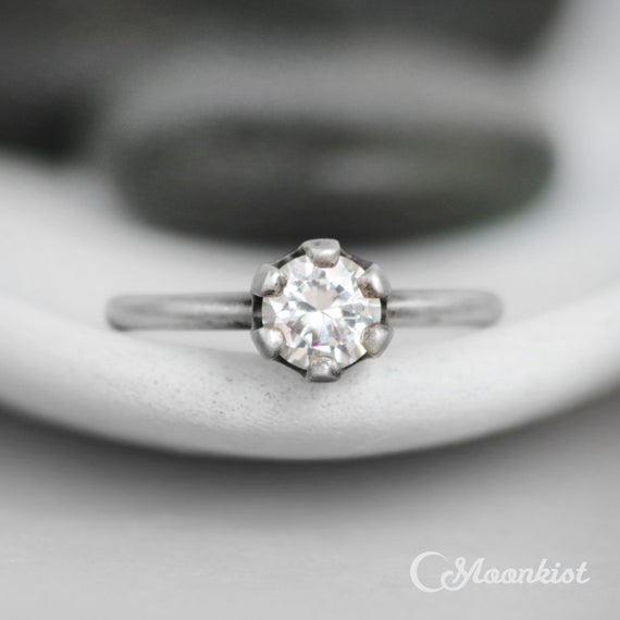 White Sapphire Engagement Ring, Sterling Silver White Sapphire Solitaire Ring, Alternative Engagement Ring | Moonkist Designs