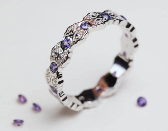 Purple Sapphire Ring, White Gold Ring, Art Deco Ring, Sapphire Wedding Band, Purple Sapphires, Lace Ring, Sapphire Gold Ring, Purple