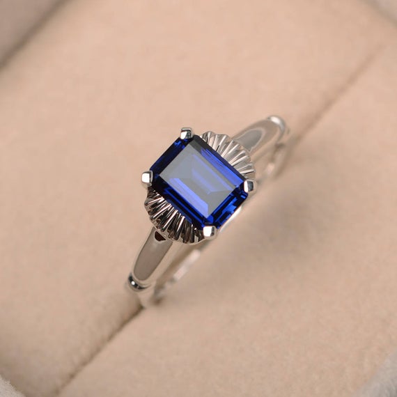 September Birthstone,wedding Ring,emerald Cut,lab Blue Sapphire Ring,solitaire Ring,gemstone Ring,sterling Silver Ring