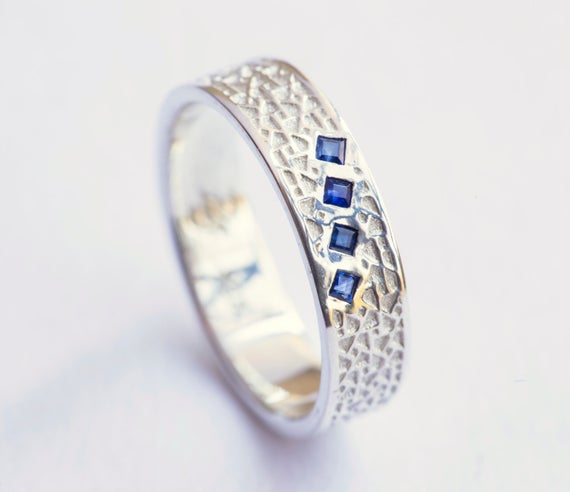 Square Sapphire Ring, Unique Mens Wedding Band, Blue Sapphire White Gold Ring, White Gold Mens Wedding Band, Blue Sapphire Jewelry