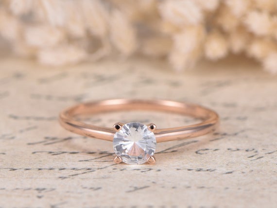 Vs Natural White Sapphire Ring 14k Rose Gold Sapphire Engagement Ring Art Deco Wedding Band Plain Band Simple Wedding Ring Anniversary Ring