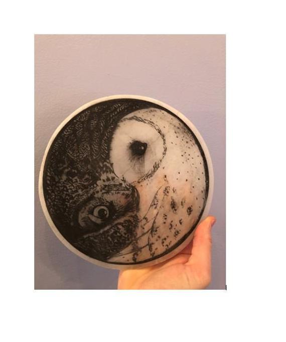 Yin Yang Owl Art, Round Ceramic Tile, Black And White Owl Decor