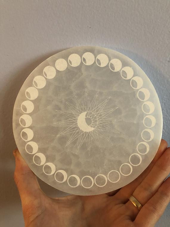 Selenite Charging Plate - Moon Phase Grid - Healing Crystal Altar