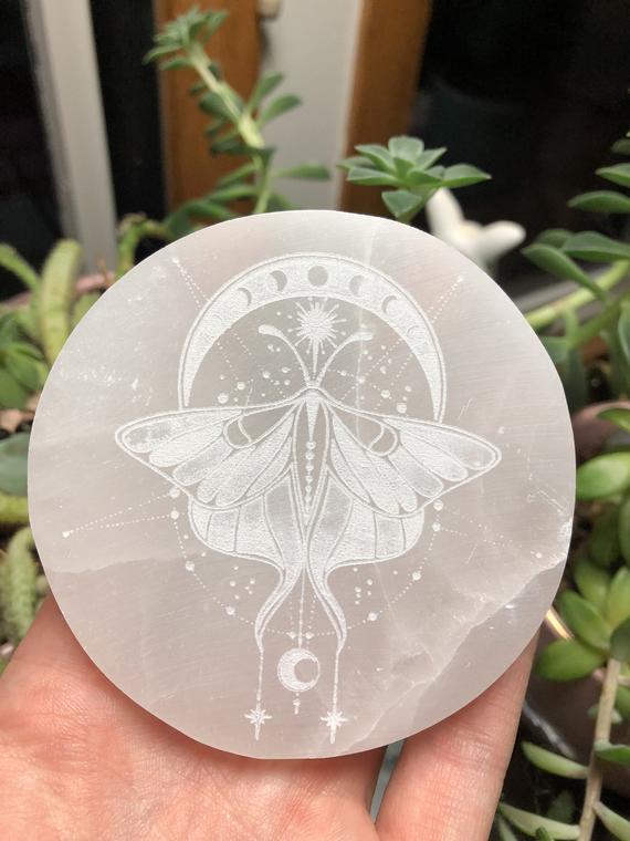 Selenite Charging Plate, 3" Moth Moon Phase Spirit Animal E1008 Etched Selenite Plate. Charge Your Crystals In Style! Laser Engraved