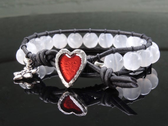 Selenite Leather Bracelet, Selenite Bracelet, Red Heart Leather Wrap, Heart Jewelry, Crystal Gemstone Spiritual Bracelet, Rt074