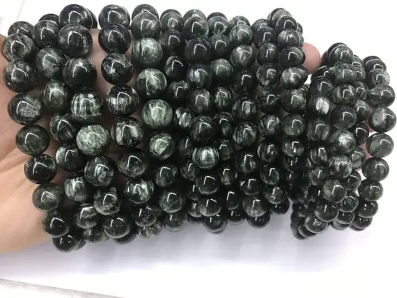Genuine Seraphinite 7mm - 10mm Round Natural Green Gemstone Beads Grade Aa Finished Jewerly Bracelet Supply - 1piece