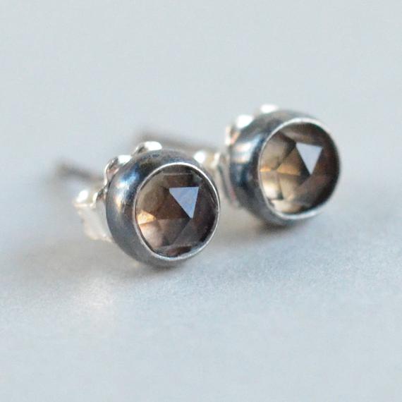 Smoky Quartz 5mm Rose Cut Sterling Silver Stud Earrings Pair