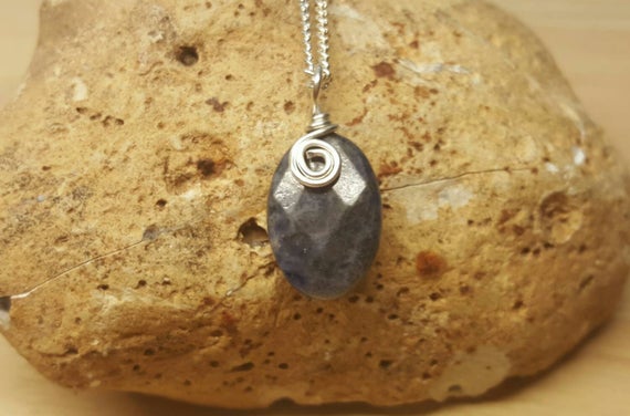 Simple Oval Blue Sodalite Pendant Necklace. Reiki Jewelry Uk. Silver Plated Wire Wrap. 18x10mm Semi Precious Stone