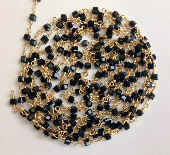 4.5mm Black Spinel Faceted Cube Beads In 925 Silver Wire Wrapped Rosary Style Chain Black Spinel Beaded Chain (1foot To 5feet Options)