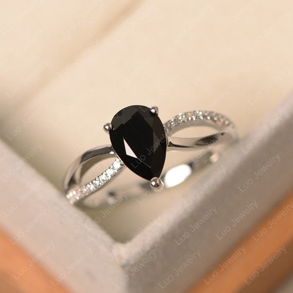 Black Spinel Ring, Pear Cut Black Gemstone Ring, Sterling Silver Anniversary Ring