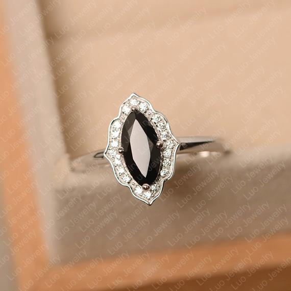 Black Spinel Ring, Sterling Silver Engagement Ring, Marquise Cut, Black Gemstone Ring