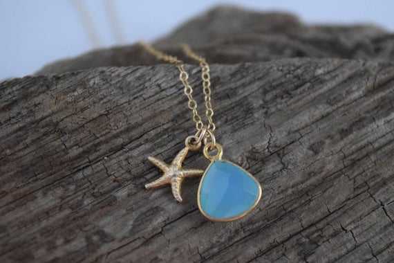 Starfish & Blue Chalcedony Necklace | Beach Themed Wedding | Birthday Gift | Gift For Her | Gift Under 40 | Ocean | Blue Stone Necklace
