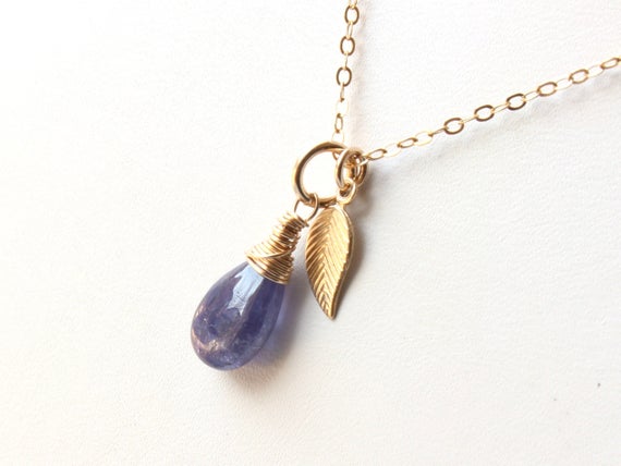 Tanzanite Pendant Or Necklace Gold Filled Wire Wrapped Natural Violet Blue Gemstone Leaf Charm Minimalist Dainty Solitaire Choker Gift 5983