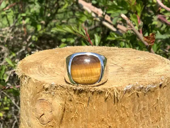 Tiger Eye Ring, Chunky Silver Mens' Gemstone Ring, Large Brown Stone Silver Ring, Gift For Husband Or Boyfriend