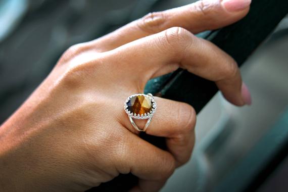 Tiger Eye Ring · Silver Ring · Oval Ring · Gemstone Ring · Vintage Ring · Crown Ring · Double Band Ring · Lace Ring