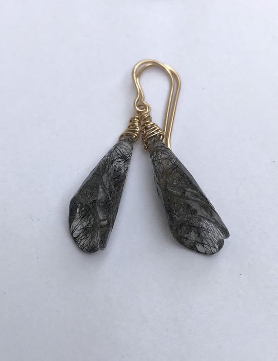 Carved Rutilated Black Tourmalinated Quartz, 14k Solid Gold Wrap, Hook Style Earrings