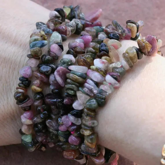 Tourmaline Stretch Bracelets, Multi Colored Free Form Beads - Approximately 7" In Perimeter Each.