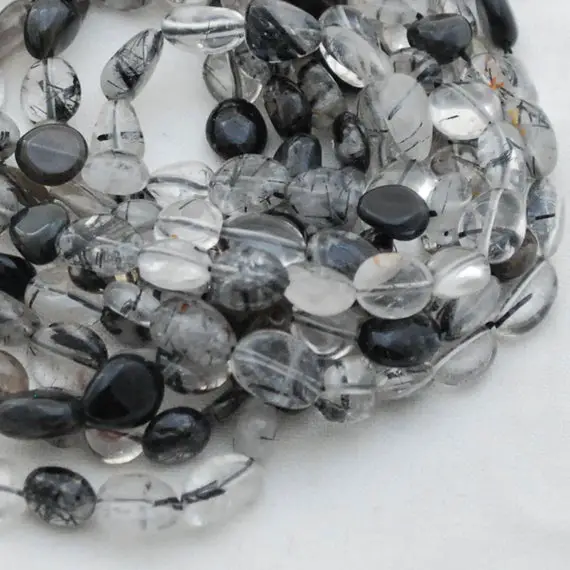 Natural Black Rutilated Tourmaline Quartz Gemstone Pebble Tumbled Stone Nugget Beads - 7mm-10mm - 15" Strand