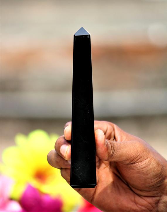 Black Tourmaline Gemstone Spiritual Obelisk - Large 250mm Healing Crystal, Chakra Meditation Reiki Tool, Unique Metaphysical Gift