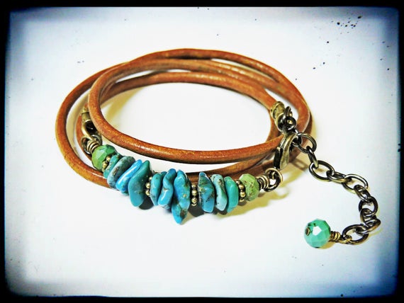Genuine Turquoise And Greek Tabacco Leather Wrap Bracelet
