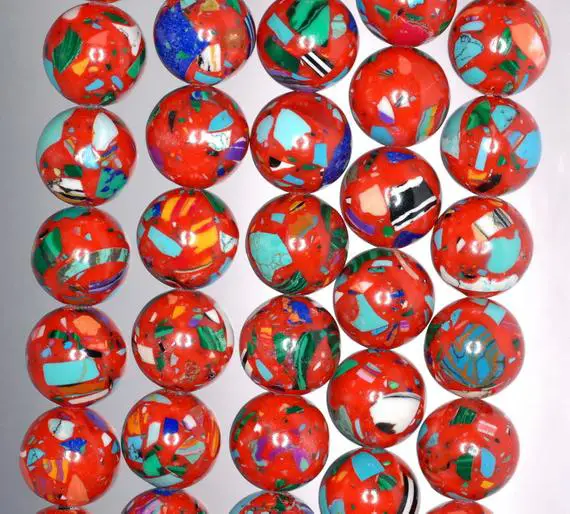 12mm Matrix Turquoise Gemstone Red Mosaic Round 12mm Loose Beads 7 Inch Half Strand (90145403-213)