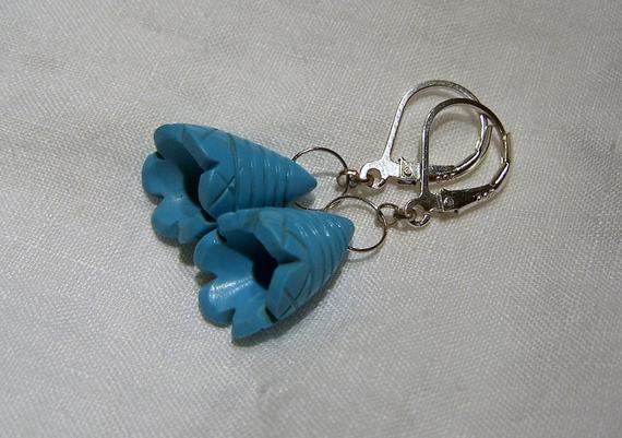 Carved Turquoise  Briolette, Sterling Silver Bail,   Sterling Silver Leverback  Earwire