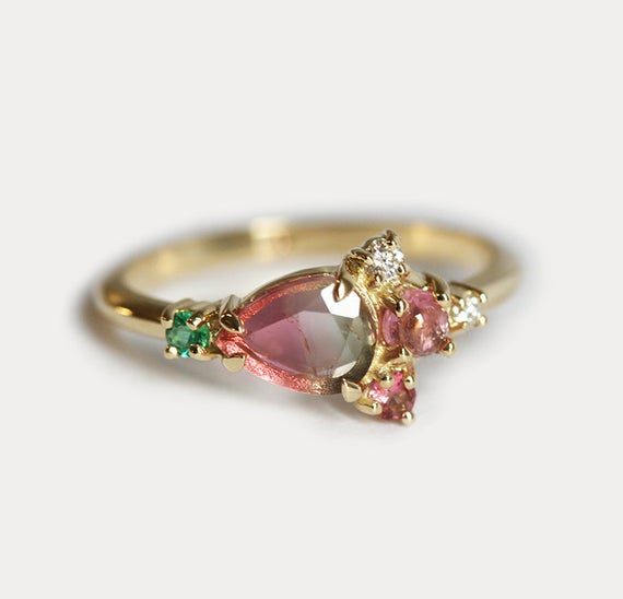 Watermelon Tourmaline Ring, Pink Cluster Ring, Unique Engagement Ring, Multi Gemstone Cluster