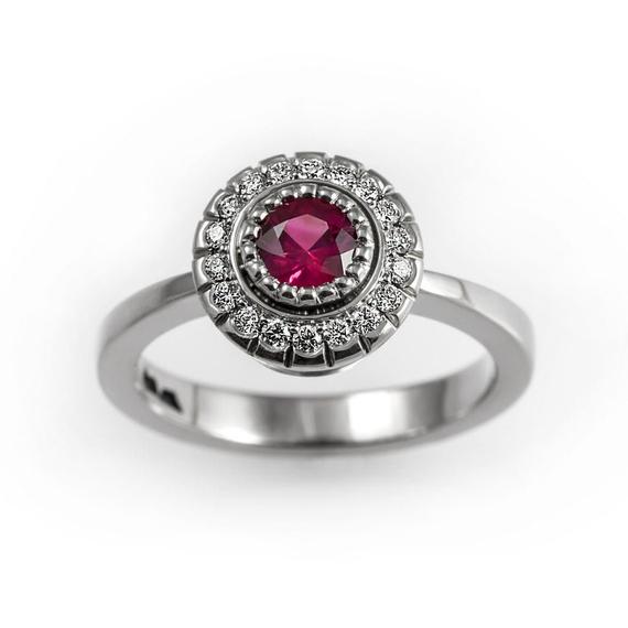 Unique Ruby Engagement Ring, Natural Ruby Ring, Diamond Halo Ring With Ruby, Natural Red Ruby Ring, Ruby And Diamond Ring, White Gold Ring