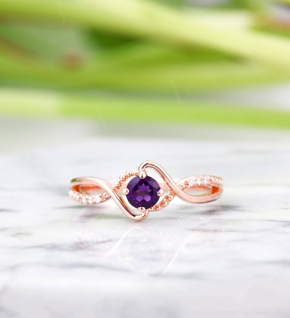 Vintage Amethyst Engagement Ring Antique Rose Gold Diamond Rings Twisted Band Unique Handmade Ring Prong Set Unique Anniversary Promise Ring