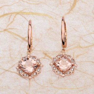 Shop Morganite Earrings! Vintage Floral Morganite Diamond Earrings 14k Rose Gold 7x7mm Cushion Morganite Earrings | Natural genuine Morganite earrings. Buy crystal jewelry, handmade handcrafted artisan jewelry for women.  Unique handmade gift ideas. #jewelry #beadedearrings #beadedjewelry #gift #shopping #handmadejewelry #fashion #style #product #earrings #affiliate #ad