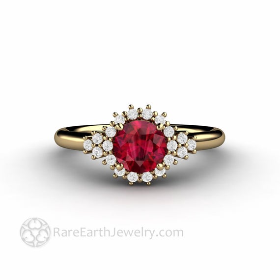 Vintage Inspired Ruby Engagement Ring, Round Ruby Ring Cluster Diamond Halo, Ruby And Diamond Ring, July Birthstone Red Stone Gold Platinum