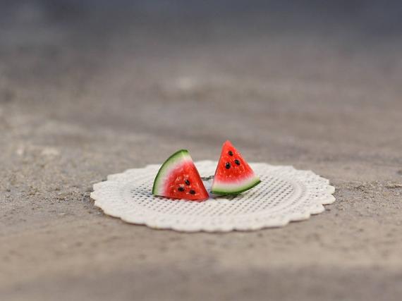 Polymer Clay Watermelon Stud Earrings: Titanium Fruit Jewelry