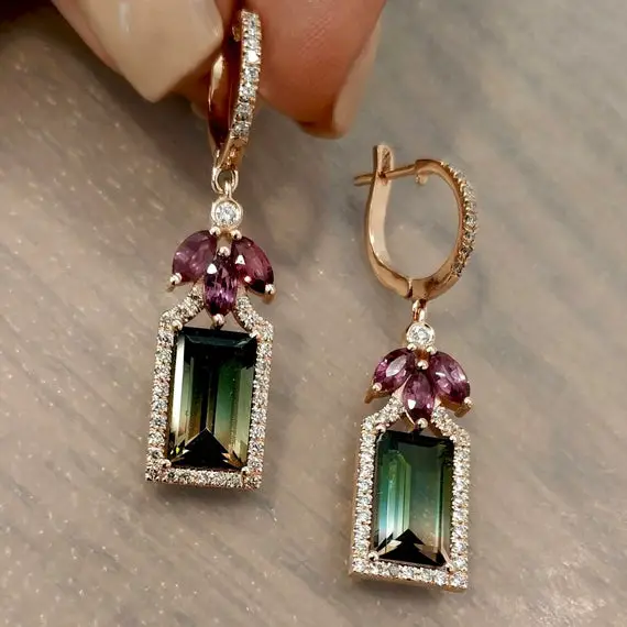 Watermelon Tourmaline Earrings, Pink Tourmaline, Green Gemstone Earrings, Colorful Earrings, Multi Color Earrings, Emerald Dangling Halo