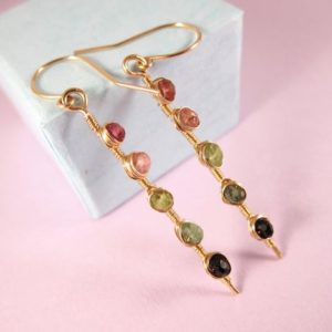 Watermelon Tourmaline Earrings-Wire Wrapped Tourmaline Earrings-Colorful Gemstone Earrings-Holiday Gift for Her-14K Gold Rose Gold Filled | Natural genuine Gemstone earrings. Buy crystal jewelry, handmade handcrafted artisan jewelry for women.  Unique handmade gift ideas. #jewelry #beadedearrings #beadedjewelry #gift #shopping #handmadejewelry #fashion #style #product #earrings #affiliate #ad