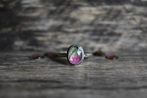 Watermelon Tourmaline Ring, Sterling Silver, Natural Tourmaline, Made To Order With Your Choice Of Stone, Rustic Engagement Ring