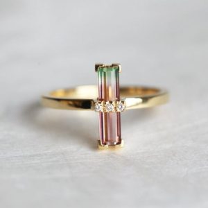 Watermelon tourmaline ring, Unique engagement ring, Bicolor art deco baguette ring | Natural genuine Watermelon Tourmaline jewelry. Buy handcrafted artisan wedding jewelry.  Unique handmade bridal jewelry gift ideas. #jewelry #beadedjewelry #gift #crystaljewelry #shopping #handmadejewelry #wedding #bridal #jewelry #affiliate #ad