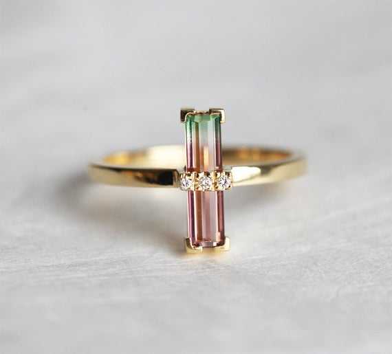 Watermelon Tourmaline Ring, Unique Engagement Ring, Bicolor Art Deco Baguette Ring