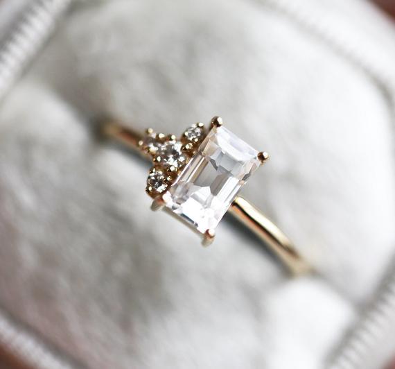 White Sapphire Engagement Ring, White Baguette Diamond Engagement Ring, White Sapphire Ring With Diamonds, Cluster Engagement Ring