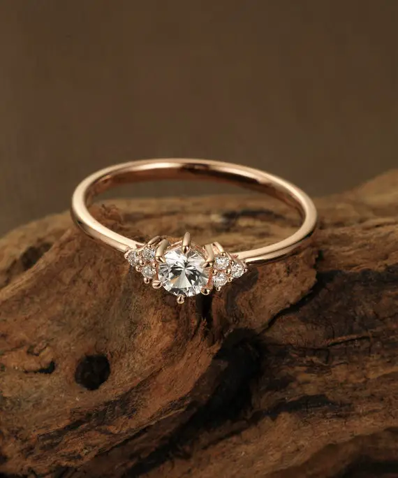 White Sapphire Engagement Ring Rose Gold Unique Engagement Ring Vintage Ring For Women Diamond Cluster Ring Dainty Wedding Anniversary Gift