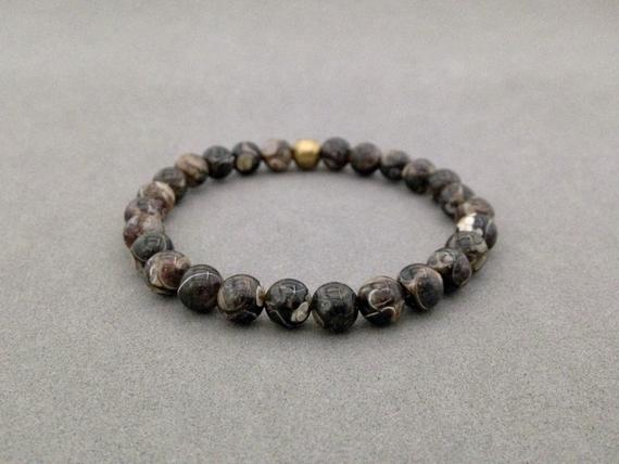 Turritella Agate Stretch Bead Bracelet With Brass Accent Bead For Earth Witches Magic, Grounding Gaia Energy, Ancestral Wisdom, Metaphysical