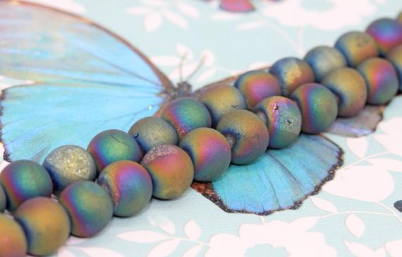 Titanium Rainbow Druzy Matte Agate Beads  8 & 10mm  Drusy Agate Beads Rainbow Gemstone Beads / Jewellery Beads/ Multi Coloured Beads 2 Beads